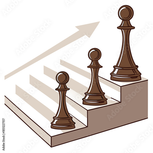 Brown chess pieces on steps with arrow pawns