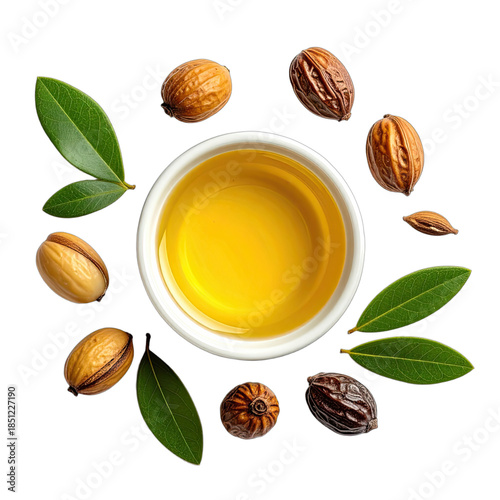 A top-down view of golden shea butter oil surrounded by shea nuts and green leaves on a black background.