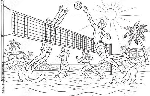 Beach Volleyball Action Illustration with Players Jumping at Net on Sunny Coast