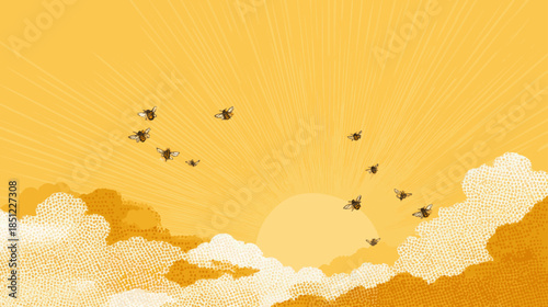 Golden sunrise with flying bees over abstract countryside landscape, eco friendly vector background with warm copy space