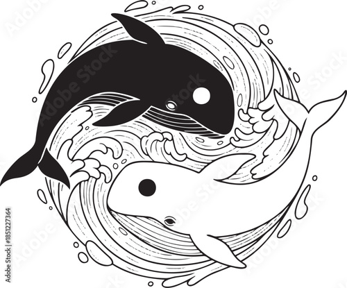 Yin Yang Orca Whales Illustration Representing Balance and Harmony