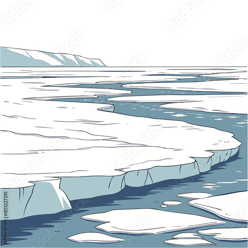 Frozen land with ice floes and water