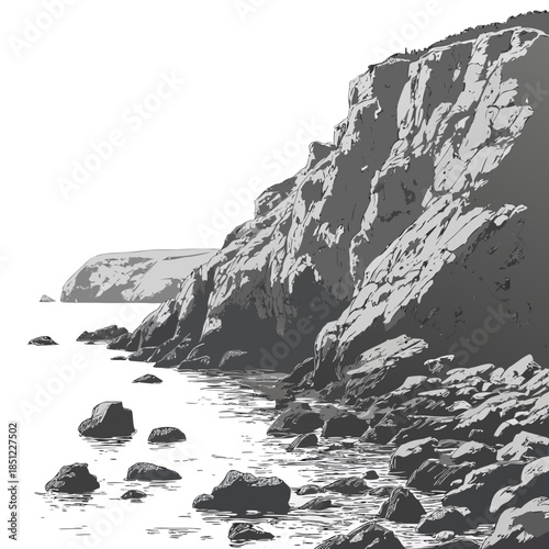 Rocky coastal edge with irregular forms and water rocky coastline