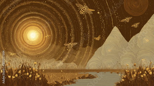 Mystical golden sun and flying bees above abstract mountains, symbolic nature vector background for storytelling and branding