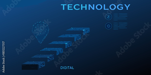 Digital technology concept steps leading up to a location point
