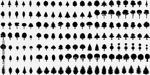 A collection of diverse tree silhouettes arranged in a grid pattern