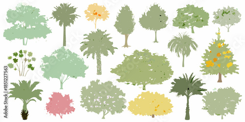 Collection of colorful stylized trees and foliage isolated on a white background