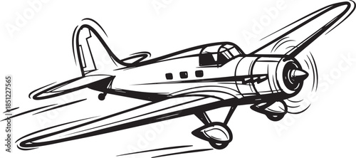 Vintage Propeller Airplane Flying in Sky Line Art Illustration