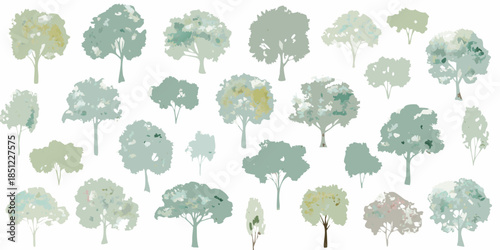 A collection of stylized green and gray trees arranged against a white background