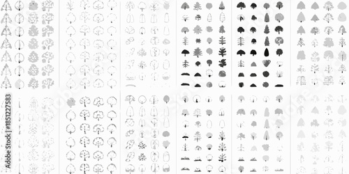 Collection of grayscale tree silhouettes in a grid pattern botanical study