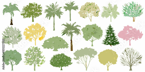 A colorful collection of various tree types and foliage illustrations