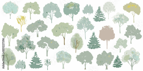 A collection of stylized trees in varying shapes and muted color palettes