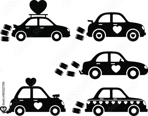 Love on Wheels: Silhouetted Wedding Cars with Hearts and Trailing Cans Collection