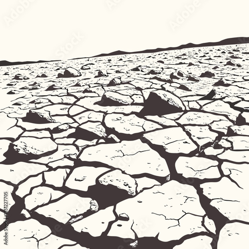 Dry cracked earth with rocks and uneven terrain arid landscape