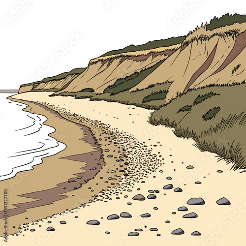 Coastal sand shelf above shoreline with rocks and cliff