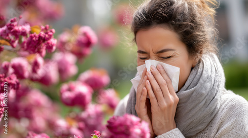 Portrait sneezing into tissue amid blossoms, spring allergies highlighted, natural light, seasonal irritation, facial expression, with copy space