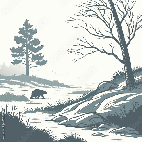 Frozen tundra landscape with bear and trees winter landscape
