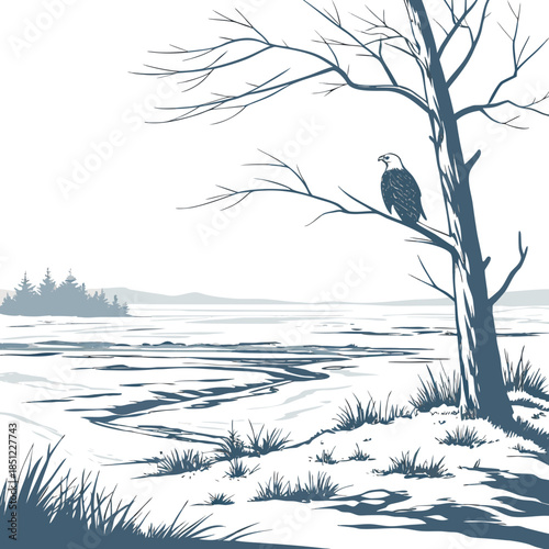 Frozen tundra landscape with eagle on tree branch snow