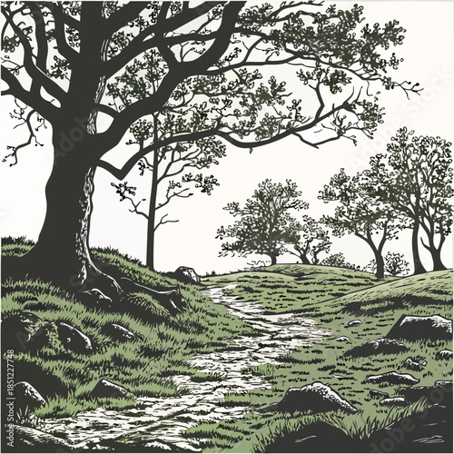 Forest clearing with natural ground dips realistic