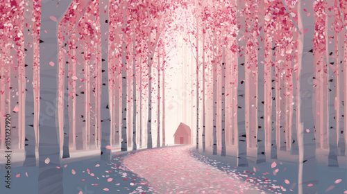 Light pink enchanted forest with petal covered path, soft fairytale vector background for calm and inspirational designs