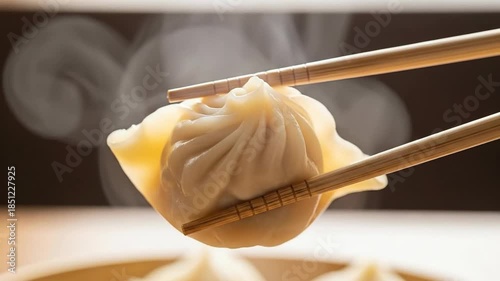 Steaming hot soup dumpling held by chopsticks, a delicious Asian delicacy.
