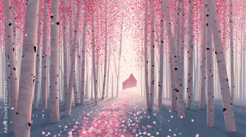 Light pink enchanted forest with petal covered path, soft fairytale vector background for calm and inspirational designs