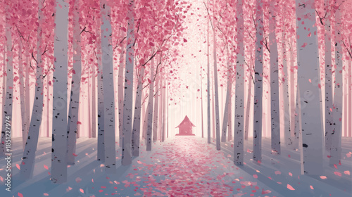 Dreamy pink forest with falling petals and hidden house, fairytale style vector background for emotional storytelling