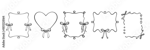 Bow frames set. Vintage hand drawn borders with outline ribbons and bows in doodle style. Decoration for greeting cards, wedding, birthday party. Black and white vector illustration isolated on white.
