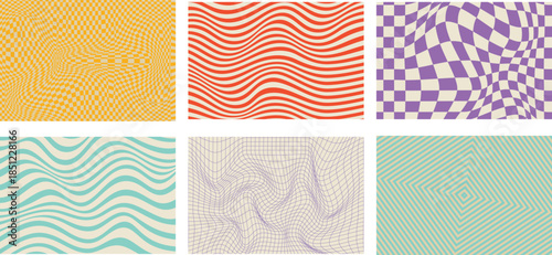 Psychedelic retro patterns collection, wavy, checkered, trippy background