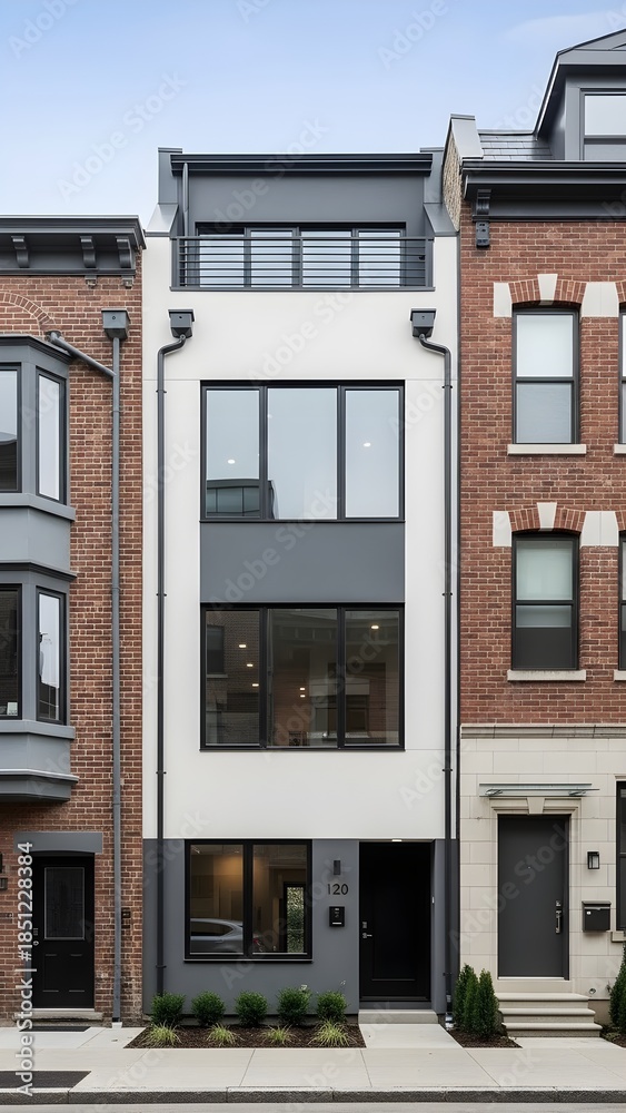 Obraz premium Modern Townhouse Exterior: New Brick & White Facade Home with Large Windows, Bright Daylight & Urban Architecture