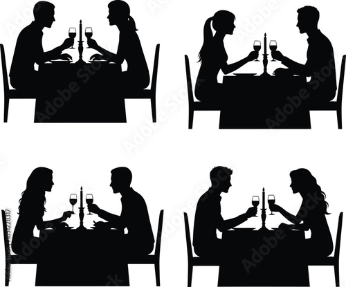 Romantic Dinner Date Silhouettes with Wine and Candlelight - Couples Dining