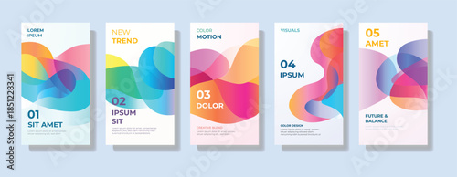 Abstract fluid poster layout set with vibrant color blends and smooth organic shapes designed for modern presentations, creative covers, branding visuals and contemporary graphic design use