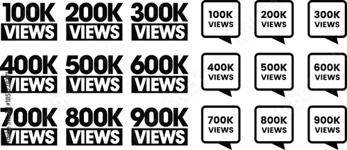 100k to 900k views counters, icons, vector