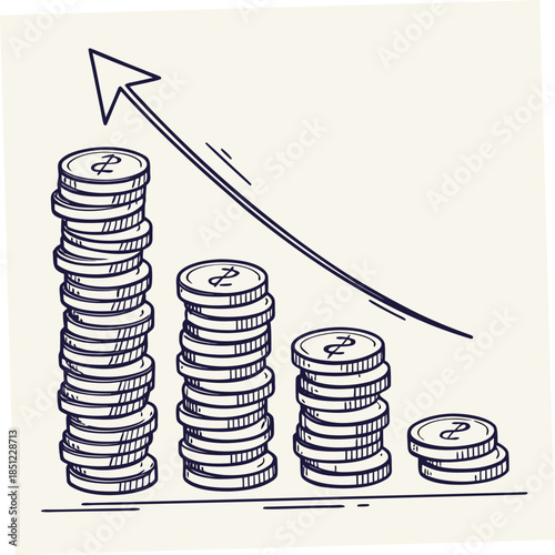 Stacks of coins with dollar sign and rising arrow finance