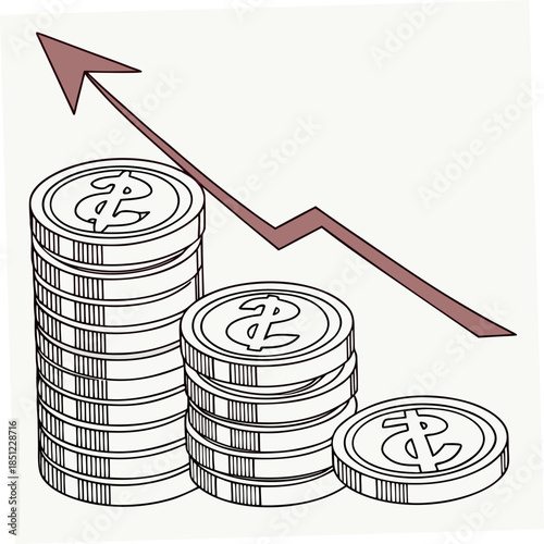 Stacks of dollar coins with rising graph line money