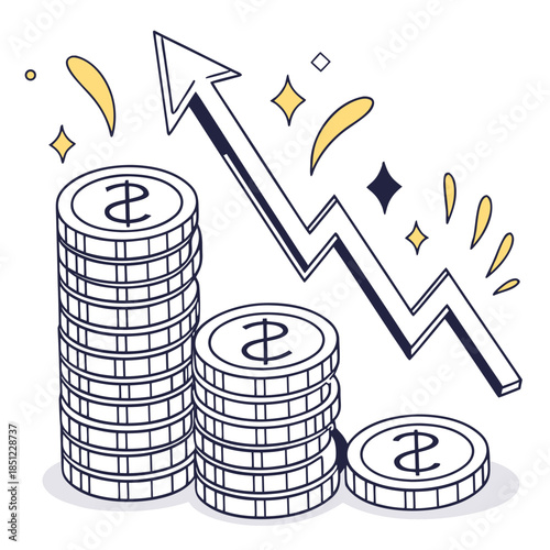Stacked coins with dollar sign and rising arrow economic growth
