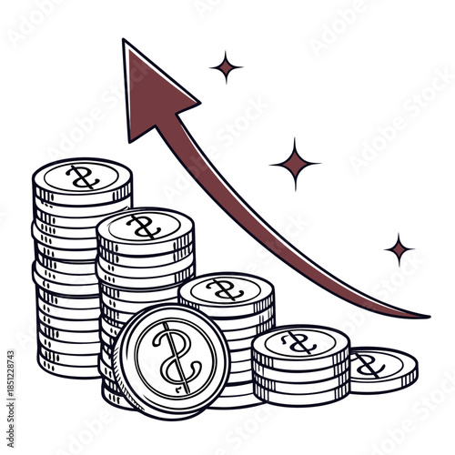 Stacks of dollar coins with rising arrow and stars