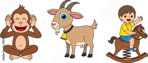 Cute cartoon monkey goat and happy boy riding rocking horse illustration for kids education nursery posters and playful learning designs