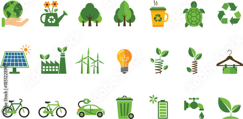 Eco friendly sustainability icons set featuring renewable energy recycling nature conservation green lifestyle illustration isolated on white background