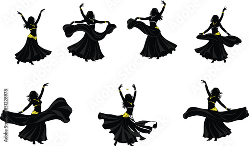 Elegant silhouettes of traditional belly dancer performing graceful spins in flowing dress, isolated black and gold illustration on white background