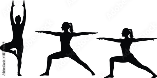 Female yoga silhouettes performing balance and warrior poses, minimalist fitness illustration isolated on white background wellness training concept studio art