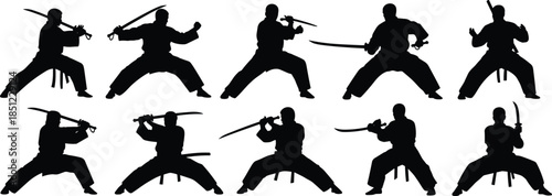 Samurai warrior silhouettes performing katana sword martial arts poses isolated on white background for combat training illustration collection vector design