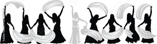 Silhouette belly dancers with flowing veils performing tribal fusion dance in elegant horizontal composition illustration for cultural stage art poster