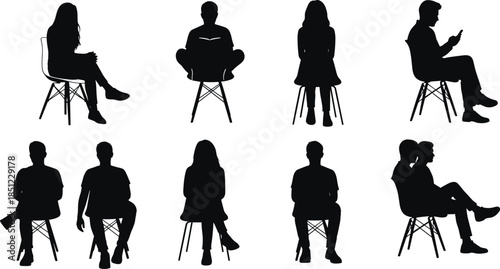 Silhouette Illustration of People Sitting on Chairs in Various Postures and Activities for Ergonomics, Design, and Body Language Concepts
