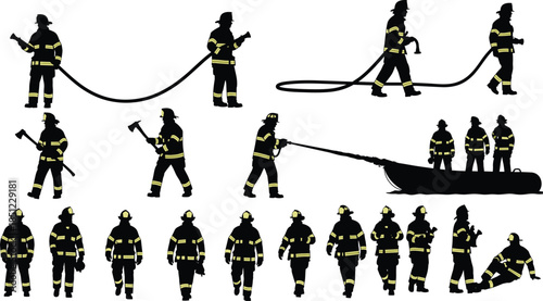 Silhouette firefighters in action with gear and tools, showcasing teamwork, emergency response, and rescue operations in dramatic black illustration style.