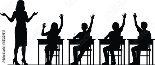 Teacher and students raising hands in classroom silhouette illustration representing education, learning, participation, school lesson, and academic interaction