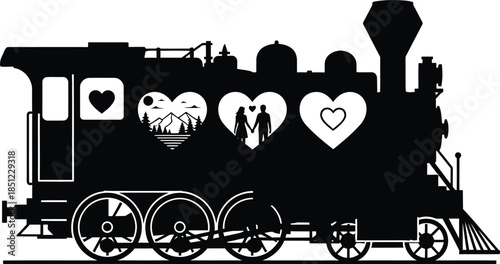 Romantic Steam Train Silhouette with Hearts, Mountain Landscape, and Loving Couple
