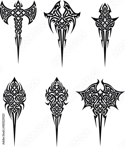Set of tribal celtic knot dagger and axe tattoo designs with sharp black lines and intricate ethnic ornaments isolated on white background vector illustration for masculine body art.