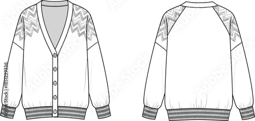 Technical Fashion Illustration of Cardigan Sweater Front and Back View with Zigzag Pattern, Raglan Sleeves, and Garment Construction Details