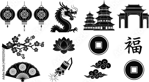 Traditional Chinese cultural icons vector set featuring dragon lantern pagoda lotus fan fireworks clouds symbols illustration black silhouette design collection